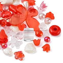 Red Opaque & Transparent Acrylic Beads, Mixed Shapes, Red, 7.5~33x7.5~43.5x4.5~16mm, Hole: 1.2~4mm, about 50g/bag
