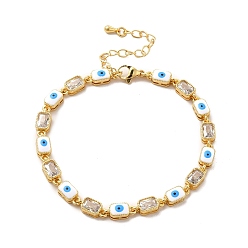 Blanc Bracelet chaîne à maillons rectangulaires en émail mauvais œil et zircone cubique, bijoux en laiton doré pour femme, blanc, 7-1/4 pouce (18.5 cm)