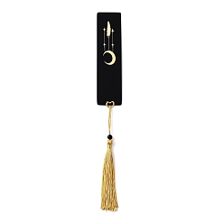Black Brass Bookmarks, with Polyester Tassel & Plastic Beads, Rectangle with Moon & Feather, Black, 250mm