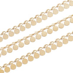 Golden Handmade Vacuum Plating 304 Stainless Steel Wafer Charms Chains, Textured, Unwelded, with Spool, Golden, wafer pendant link: 7x6x0.6~2mm, 32.8 Feet(10m)/roll