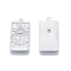 Platinum Brass Micro Pave Clear Cubic Zirconia Pendants, Rectangle with Sun & Star, Platinum, 27x13.6x2.3mm, Hole: 1.5mm