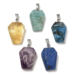 Mixed Stone Natural Mixed Stone Pendants, Faceted Hexagon Charms with Rack Plating Stainless Steel Color Plated 201 Stainless Steel Snap on Bails, Cadmium Free & Lead Free, 28.5~31x18~20x7~8mm, Hole: 3x8mm