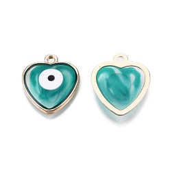 Green Alloy Enamel Pendants, Golden, Heart with Evil Eye Pattern, Green, 18x16x3mm, Hole: 1.5mm