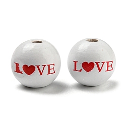 Mot Perles en bois imprimées, perles rondes pour la Saint-Valentin, fumée blanche, mot, 16mm, Trou: 3~4.4mm