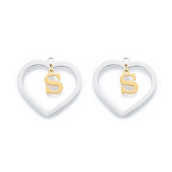 Letter S 201 Stainless Steel Pendants, Hollow, Heart with Letter A~Z, Real Gold Plated & Stainless Steel Color, Letter.S, 29x29.5x1mm, Hole: 2mm, A~Z: 12x8~10.5x1mm