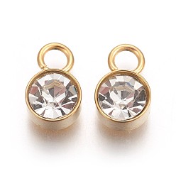 Crystal Glass Rhinestone Charms, April Birthstone Charms, with Golden Tone 201 Stainless Steel Findings, Flat Round, Crystal, 10x6x4mm, Hole: 2.3mm