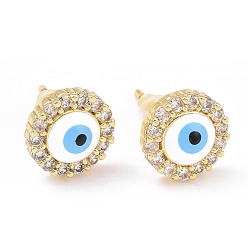 White Enamel Evil Eye Stud Earrings with Clear Cubic Zirconia, Gold Plated Brass Jewelry for Women, Cadmium Free & Lead Free, White, 9mm, Pin: 0.8mm