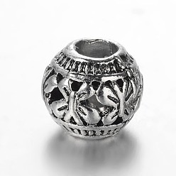 Plata Antigua Abalorios europeos de aleación de estilo tibetano, rondelle gran agujero con perlas de mariposa, plata antigua, 11x10 mm, agujero: 4 mm