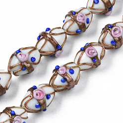 Creamy White Handmade Gold Sand Lampwork Beads Strands, Ovald with Flower, Creamy White, 16~17x13~15x12~13mm, Hole: 1.4~1.8mm, about 30pcs/strand, 19.69 inch(50cm)