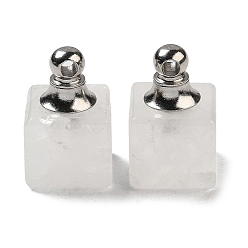 Quartz Crystal Natural Quartz Crystal Perfume Bottle Pendants, Square Charms with Stainless Steel Color Plated 304 Stainless Steel Findings, 19x12x12mm, Hole: 2mm