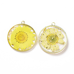 Yellow Transparent Clear Epoxy Resin Pendants, with Edge Golden Plated Brass Loops and Gold Foil, Flat Round Charms with Inner Flower, Yellow, 33.8x30x4mm, Hole: 2.5mm