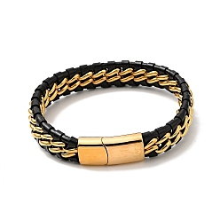 Oro Pulsera de cuero y acero inoxidable trenzado con cadenas curvas y cierre magnético para hombres y mujeres, dorado, 304 pulgada (8-3/4 cm)