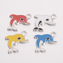 Mixed Color Alloy Enamel Pendants, Cadmium Free & Lead Free, Dolphin, Platinum, Mixed Color, about 26.5mm long, 20mm wide, 2mm thick, hole: 2.5mm