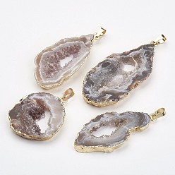 Golden Natural Geode Agate Pendants, with Brass Findings, Nuggets, Golden, 38~65x18~40x5~6mm, Hole: 5x7mm