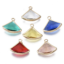 Mixed Color Transparent Glass Pendants, with Light Gold Plated Brass Findings, Faceted, Fan, Mixed Color, 16~17x19x6mm, Hole: 2mm
