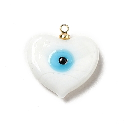White Handmade Lampwork Pendants, with Real 18K Gold Plated Plated Brass Finding, Cadmium Free & Lead Free, Heart with Evil Eye, White, 19.5x18.2x5mm, Hole: 1.4mm