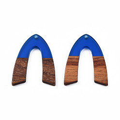 Royal Blue Transparent Resin & Walnut Wood Pendants, V-Shaped Charm, Royal Blue, 38x29x3mm, Hole: 2mm