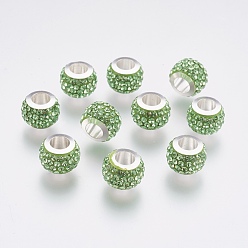 Peridot 304 Stainless Steel European Beads, with Polymer Clay Rhinestone, Large Hole Beads, Rondelle, Peridot, 11x7.5mm, Hole: 5mm