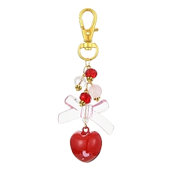 Golden Brass Heart Bell Pendant Decorations, with Acrylic Bead and Alloy Swivel Lobster Claw Clasps, Golden, 91mm