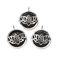 Lava Rock Natural Lava Rock Locket Pendants, Flat Round Charms, with Platinum Plated Brass Lotus Findings, 31.5x27x9mm, Hole: 4.6mm