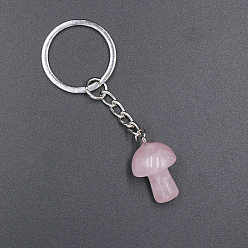 Quartz Rose Porte-clés champignon de quartz rose naturel, avec les accessoires en fer, 7.5x2.5 cm