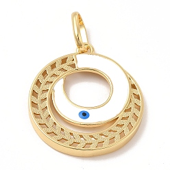 White Brass Pendants, with Enamel, Real 18K Gold Plated, Long-Lasting Plated, Round Ring with Evil Eye Charm, White, 36.5x32.5x3.5mm, Hole: 11x7.5mm