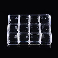 Claro Contenedores rectangulares de almacenamiento de cuentas de plástico de poliestireno, con cajas pequeñas cuadradas 12pcs, Claro, contenedor: 16.5x12.5x2.5 cm, caja pequeña: 4x4x2.2 cm, tamaño interno: 3.4x3.4 cm