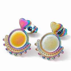 Rainbow Color Ion Plating(IP) 304 Stainless Steel Stud Earring Findings, Heart with Round Tray Earring Settings, with Ear Nuts, Rainbow Color, 17x14mm, Pin: 0.6mm, Tray: 8mm