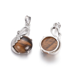 Tiger Eye Natural Tiger Eye Pendants, with Platinum Tone Brass Findings, Swan, 30.8x18.8x8.5mm, Hole: 7x5mm