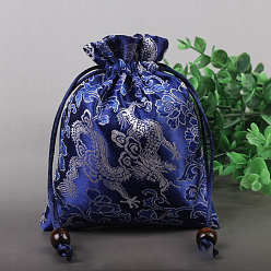 Синий Атласные упаковочные мешочки для ювелирных изделий в китайском стиле с цветочным узором, подарочные пакеты на шнуровке, прямоугольные, синие, 14x11 см