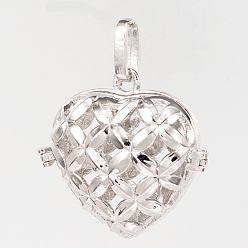 Platinum Eco-Friendly Rack Plating Brass Hollow Heart Cage Pendants, For Chime Ball Pendant Necklaces Making, Cadmium Free & Nickel Free & Lead Free, Platinum, 31x32x16mm, Hole: 9x4mm, inner: 25x23mm