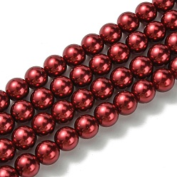 Dark Red Eco-Friendly Glass Pearl Beads Strands, Grade A, Round, Dyed, Cotton Cord Threaded, Dark Red, 12mm, Hole: 1.2~1.5mm, about 34pcs/strand, 15.7 inch