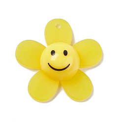 Yellow Frosted Translucent Acrylic Pendants, Sunflower with Smiling Face Charm, Yellow, 29x30x9mm, Hole: 1.8mm