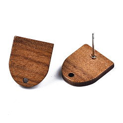 Peru Walnut Wood Stud Earring Findings, with Hole and 304 Stainless Steel Pin, Half Oval, Peru, 17x14.5mm, Hole: 1.8mm, Pin: 0.7mm