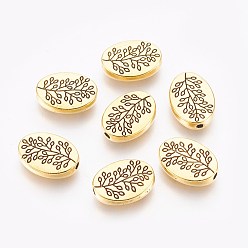Antique Golden Tibetan Style Alloy Beads, Oval with Leaf, Cadmium Free & Nickel Free & Lead Free, Antique Golden, 14x10x3mm, Hole: 1.5mm.