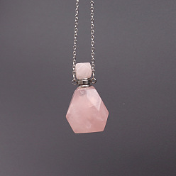 Розовый Кварц Ожерелье из флакона духов из натурального розового кварца, с цепями из нержавеющей стали, 17.72 дюйм (45 см)