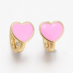 Pearl Pink Brass Enamel Huggie Hoop Earrings, Long-Lasting Plated, Heart, Real 18K Gold Plated, Pearl Pink, 10x15x2.5mm, Pin: 1mm