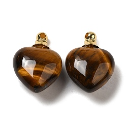 Tiger Eye Natural Tiger Eye Perfume Bottle Pendants, Heart Charms with Golden Plated 304 Stainless Steel Findings, 28x20x12mm, Hole: 2mm