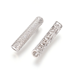 Platinum Brass Micro Pave Clear Cubic Zirconia Beads, Long-Lasting Plated, Tube Beads, Platinum, 30x6mm, Hole: 4mm