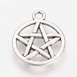 Antique Silver Tibetan Style Alloy Pendants, Wicca Pendants, Flat Round with Star, Cadmium Free & Nickel Free & Lead Free, Antique Silver, 28.5x24.5x2.5mm, Hole: 2.5mm, about 280pcs/1000g