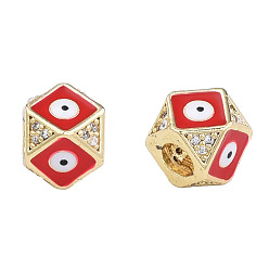 Dark Red Brass Micro Pave Clear Cubic Zirconia Beads, with Enamel, Real 18K Gold Plated, Octagon with Evil Eye, Nickel Free, Dark Red, 11x11x8.5mm, Hole: 4mm