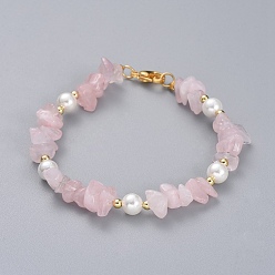 Rose Quartz Natural Rose Quartz Chip Beaded Bracelets, with Shell Pearl Round Beads, Brass Beads and 304 Stainless Steel Lobster Claw Clasps, 7-1/4 inch(18.5cm)