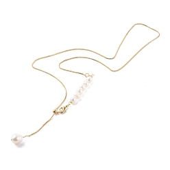 Golden Adjustable Brass Lariat Necklaces, with Natural Pearl Beads, White, Golden, 20.47 inch(52cm)