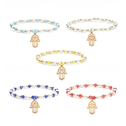 Mixed Color Glass Pearl Beaded Stretch Bracelet with 304 Stainless Steel Hamsa Hand Charm for Women, Mixed Color, Inner Diameter: 2-1/8 inch(5.4cm)