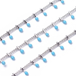Deep Sky Blue Handmade Enamel Beaded Chains, with Brass Curb Chains, Soldered, with Spool, Long-Lasting Plated, Real Platinum Plated, Deep Sky Blue, 5.5x1.5~2mm, about 32.8 Feet(10m)/roll