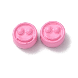 Pink Spray Painted Alloy Beads, Flat Round with Smiling Face, Pink, 7.5x4mm, Hole: 2mm