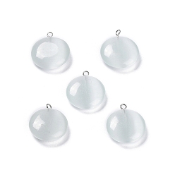 White Cat Eye Pendants, with Platinum Tone Iron Loops, Flat Round Charms, White, 23.5x20x7mm, Hole: 1.5mm