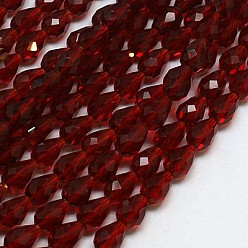 Rojo Oscuro Abalorios de vidrio, facetados, lágrima, de color rojo oscuro, 15x10 mm, agujero: 1 mm, sobre 50 unidades / cadena, 26.6 pulgada