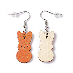 Coral Rabbit Wooden Dangle Earrings, Platinum Tone Iron Earring with Ear Nut for Women, Coral, 52mm, Pin: 0.7mm, Pendant: 31x14.5x2.7mm