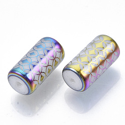 Colorful Electroplate Glass Beads, Column with Flower Pattern, Colorful, 20x10mm, Hole: 1.2mm, about 50pcs/bag